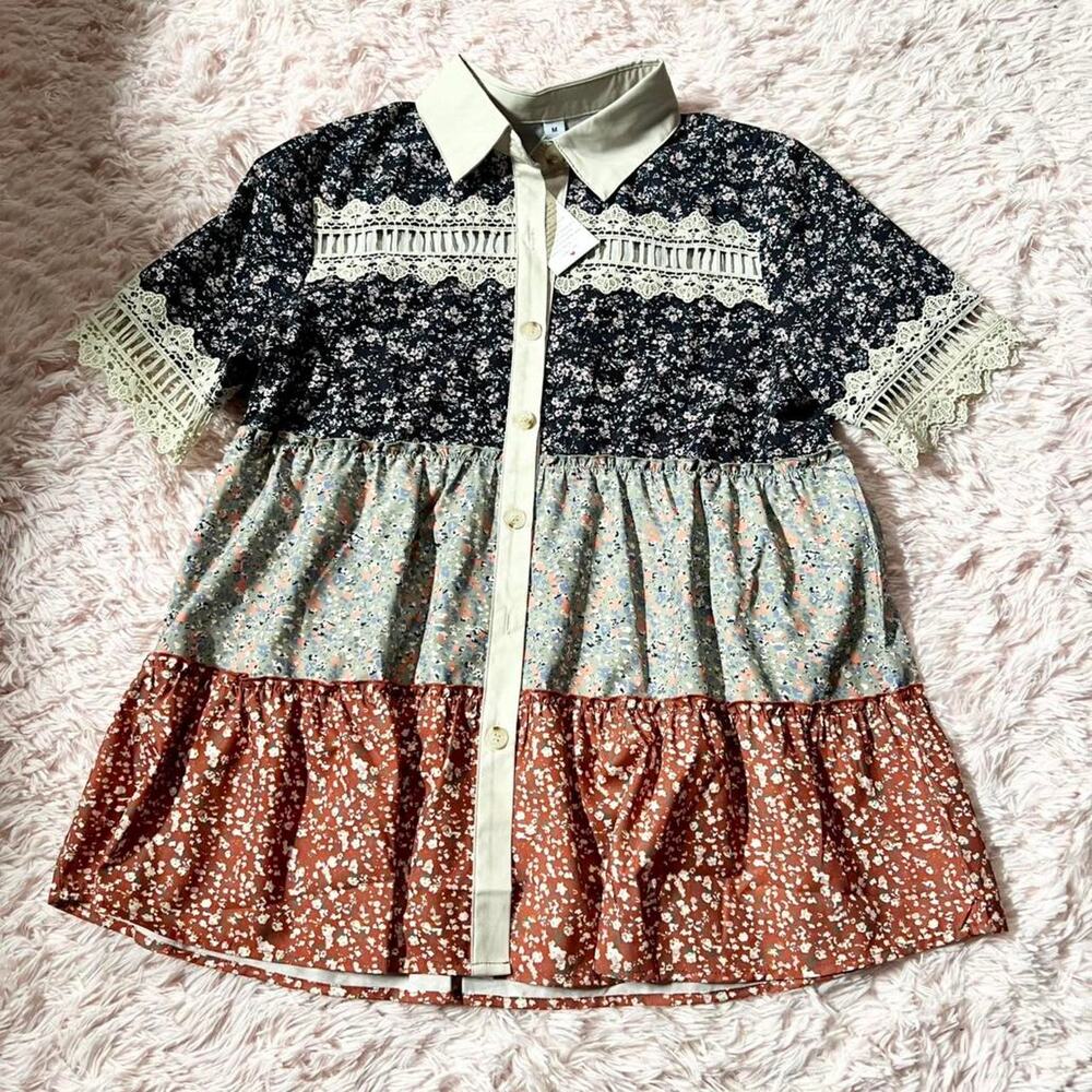 Boho Peasant Color blocked Indie Lace Prairie Tiered Collared Button Down Blouse